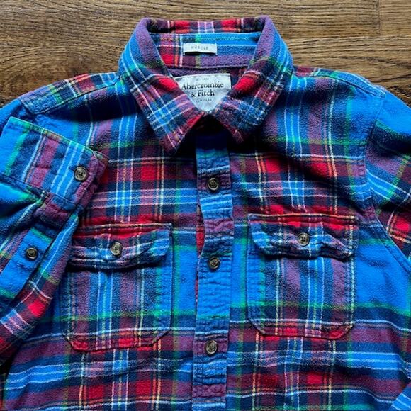 VTG Y2K Abercrombie and Fitch Muscle Flannel Shirt Mens L Button Up Blue Plaid - Picture 1 of 10